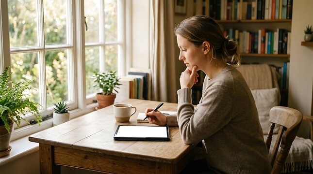 Young woman sitting at a wooden desk, looking at a tablet device while studying or working at home with a window in the background