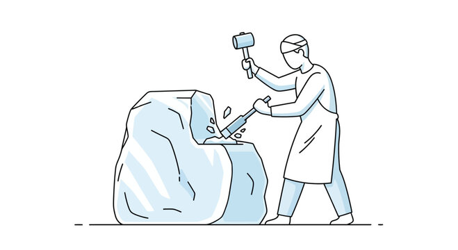 A professional sculptor carving a large stone block with a hammer and chisel.
