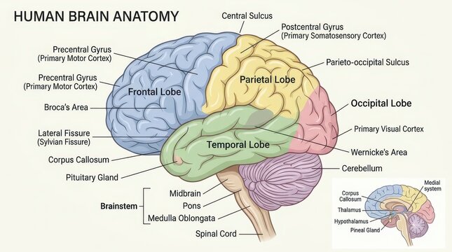 Detailed Human Brain Anatomy Diagram with Lobe Color Coding and Labels.