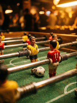 Close-up of vintage foosball table game with miniature soccer players in a warm pub