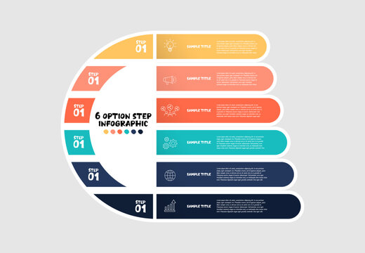 Half circle vector infographic with 6 option step sections for business presentations and business report illustrations. Vector editable eps.