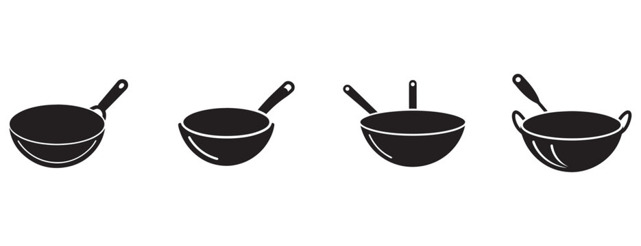 Four black frying pans cooking icon silhouette vector isolated illustration design