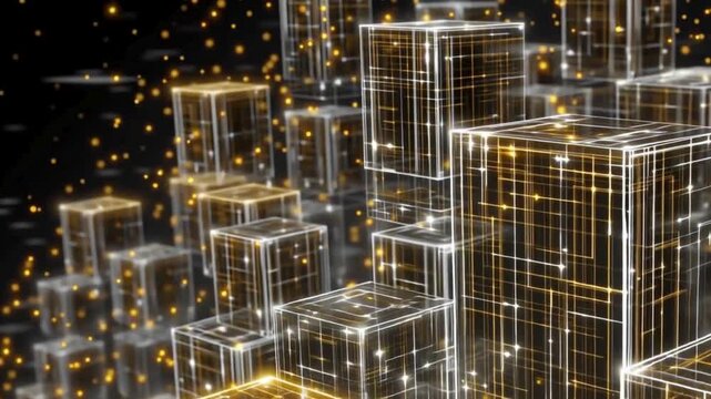 Futuristic tech blockchain concept with glowing golden wireframe cubes