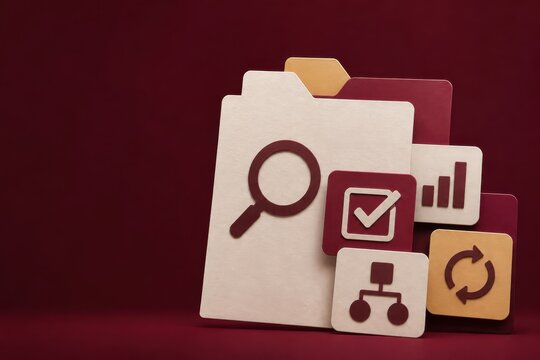 Document search and workflow icons on burgundy background for business concept design