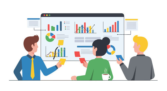 A group of professionals analyzing business data and statistics on a large digital dashboard during a collaborative team meeting.