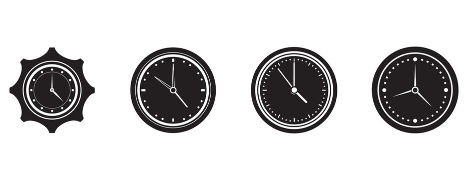 Four different clock faces with various icon silhouette vector isolated illustration design