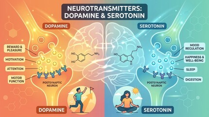 Naklejka premium Neurotransmitters Dopamine and Serotonin Brain Chemistry Explained.