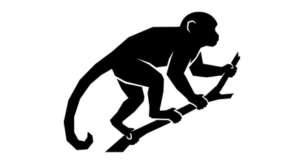 Silhouette of a monkey climbing a tree branch, black and white vector illustration © nia
