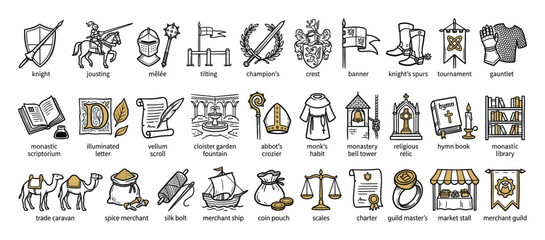 Obraz premium Medieval life outline icons. Ancient history symbols graphics. Knight monastic merchant pictograms collection. Outline icon collection. Vector illustration.