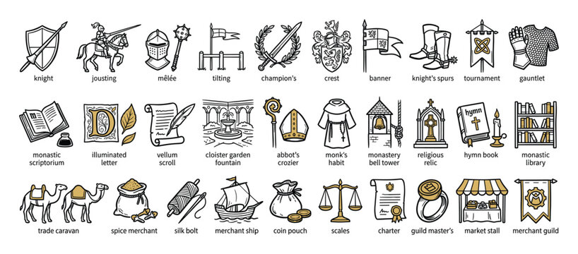 Medieval life outline icons. Ancient history symbols graphics. Knight monastic merchant pictograms collection. Outline icon collection. Vector illustration.