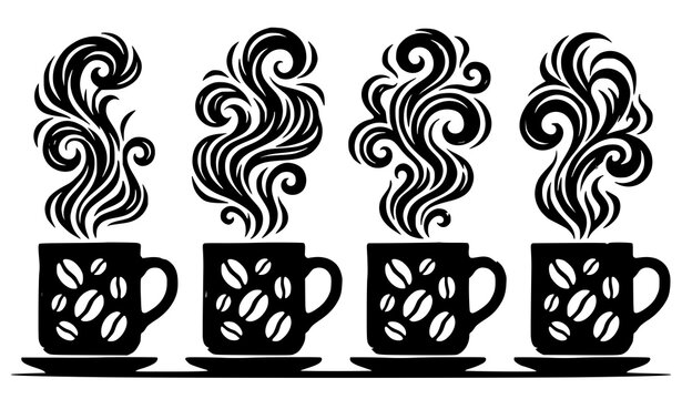 Bold stencil hot coffee mug silhouette vector illustration with stylized steam swirls