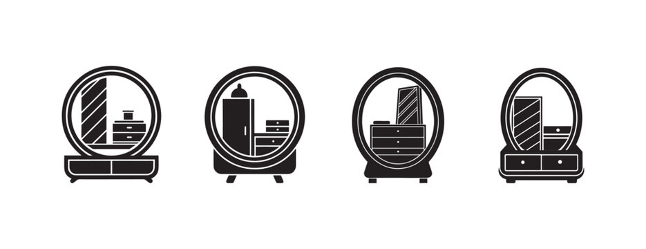 Black and white illustrations of four vanity dresser icons with mirrors showing reflections of different makeup and cosmetic products on the shelves