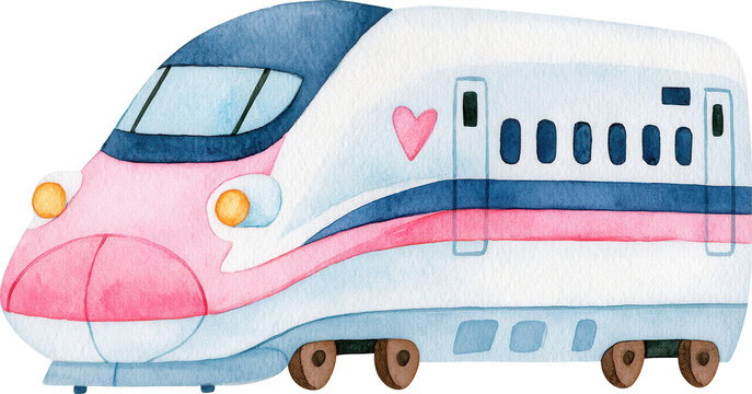 Simple watercolor illustration of a pink fast speed train isolated on transparent background.