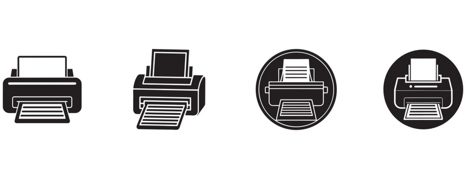 printer icons in different styles and shapes on white background  office equipment symbols