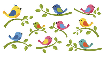 Collection of cute cartoon birds perched on branches. © Wita