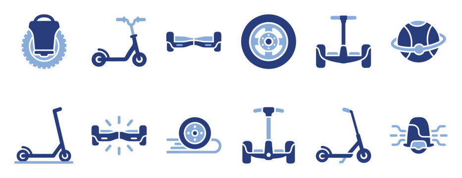 Electric personal transport icons. Modern urban mobility symbols. Fast future travel glyphs. Flat style pictogram collection.