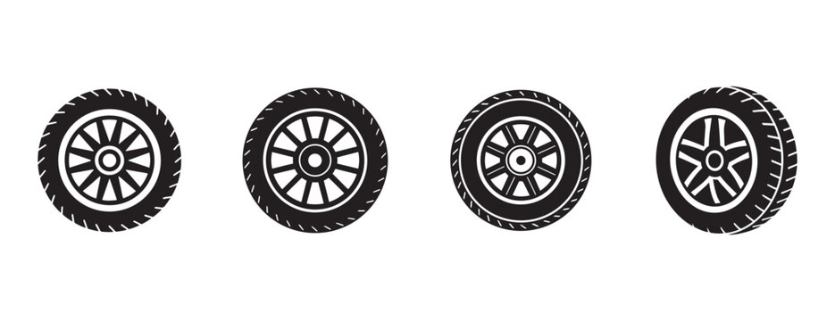 car tire designs with various treads and rim styles for automotive or industrial use on a white background