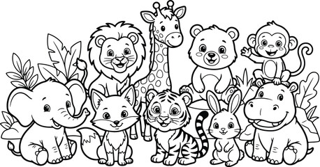 Fototapeta premium Cute Jungle Animals Group Coloring Page Illustration for Preschool Kids