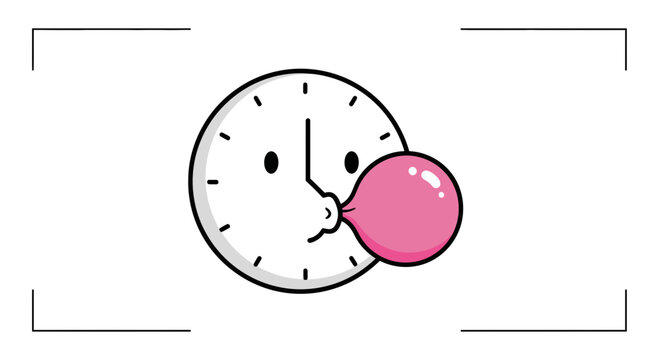 Funny Clock Character Blowing Pink Bubble Gum, Time Concept
