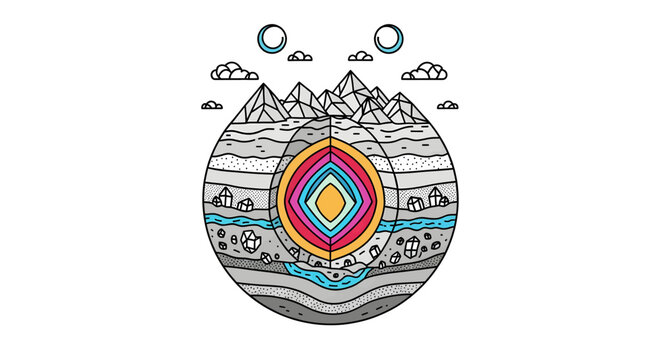 Cross section of the Earth showing geological layers and core.
