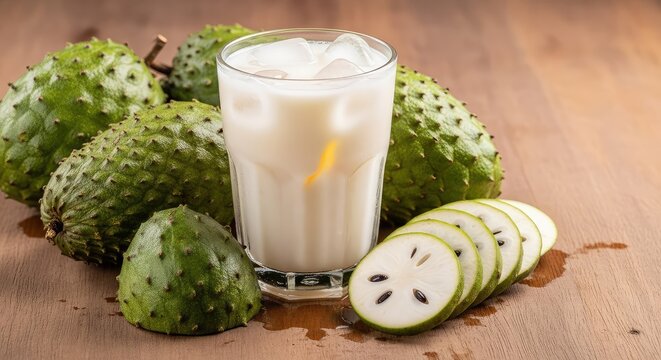 A chilled glass of creamy white soursop juice stands among whole prickly green fruits and juicy slices on a rustic wooden table setting, muricata, exotic, cold
