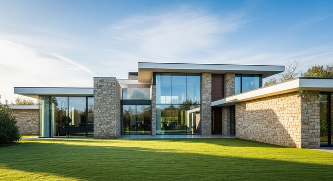 A contemporary residential building featuring natural stone wall accents, large glass windows, and a lush green lawn during a bright morning, lawn, bright, property