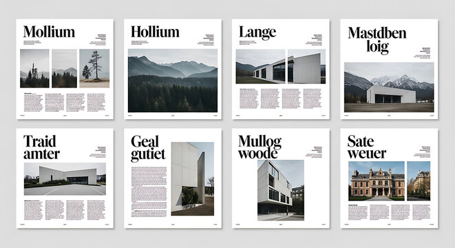 Modern architectural editorial brochure layout with minimal design templates and landscapes