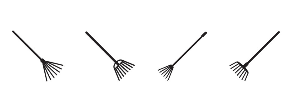  garden rakes with wooden handles and metal tines in different positions for yard work and landscaping  