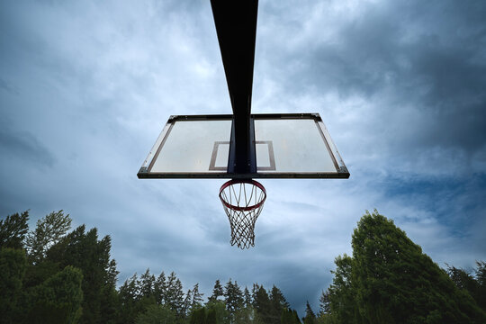 Basketball net and backboard against cloudy sky