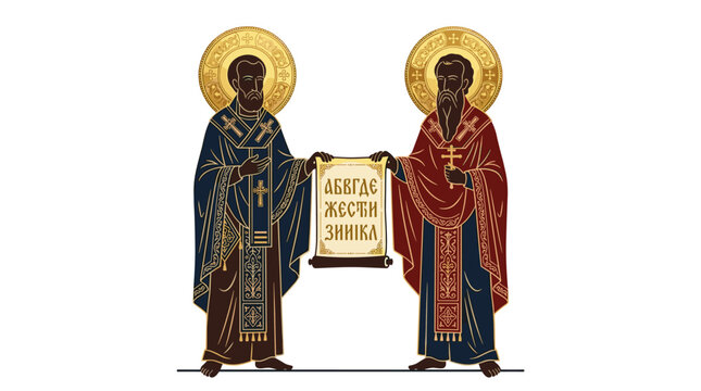 Saints Cyril and Methodius holding a scroll with Cyrillic alphabet