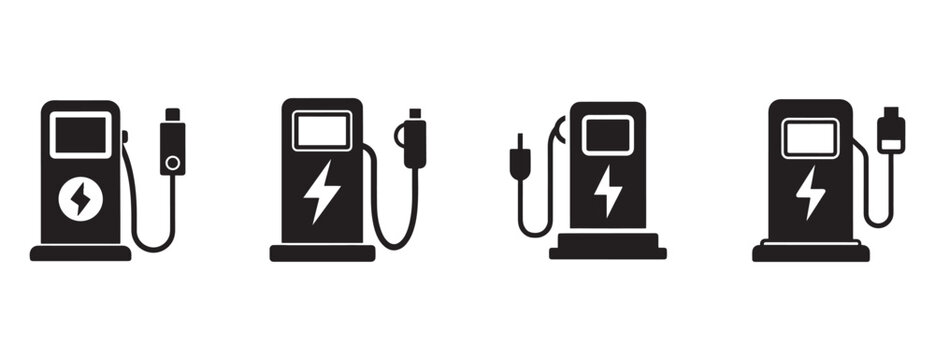 Electric vehicle charging stations with cables and plugs for battery recharge  various types of charging docks and connectors for sustainable energy solutions