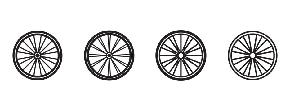 bicycle wheels with different spoke patterns and rim styles in black on a white background