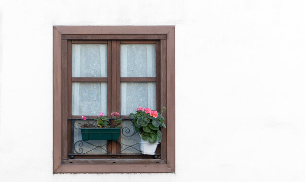 Charming wooden window with blooming geranium flower pots on traditional house facade, peaceful residential exterior with curtain detail. Home decor. Quiet residential facade. Botanical decor.
