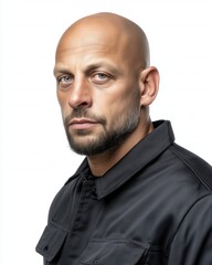 Fototapeta premium A serious male model with a shaved head and a strong jawline, dressed in a black jacket with a neutral expression, posing against a white background, ideal for portrait use.