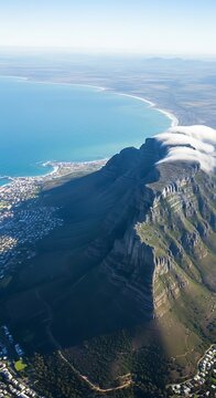 Aerial view of snow capped mountain peaks and valley.