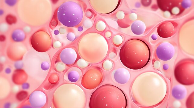 Numerous colorful spheres are embedded within a fluid, undulating pink matrix