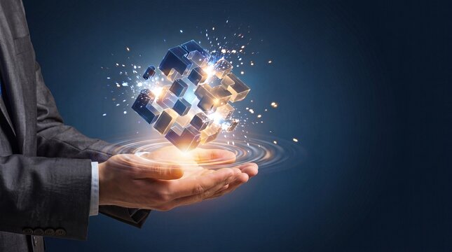 Data architecture and system integration, Business strategy and problem-solving concept Businessman holding a glowing 3D deconstructed cube