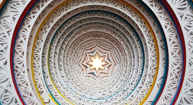 Detailed paper art features concentric circles of fine cutouts leading to a central star, creating depth through shadows and white layers, art, elegant, modern