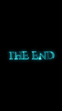Neon blue text reads the end on black background, futuristic glow effect, creative graphic motion design for cinematic film finale or video conclusion, digital typography message.
