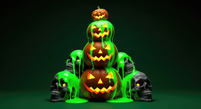 Eerie dark green background features glowing neon slime dripping over pumpkins and spooky skulls for a hauntingly festive seasonal atmosphere, design, toxic, halloween