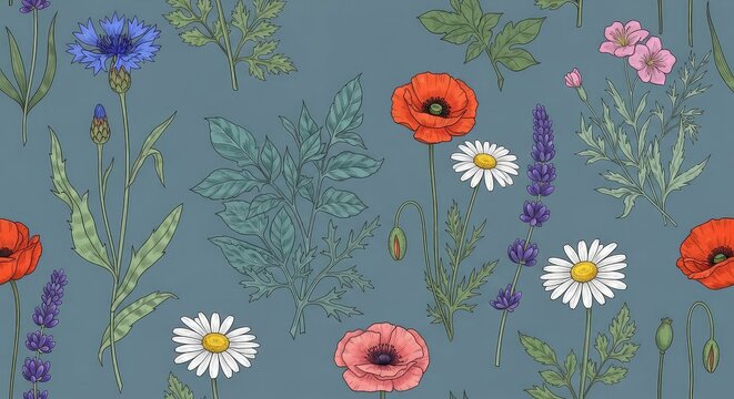 Elegant seamless vintage floral pattern with hand-drawn wildflowers and intricate leaves over a muted dusty blue background for wallpaper, ornament, scrapbook, illustration