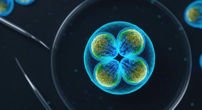 Extreme close-up of bioluminescent cellular structures dividing inside a sterile lab environment, illustrating a major medical breakthrough, structure, biology, biotechnology