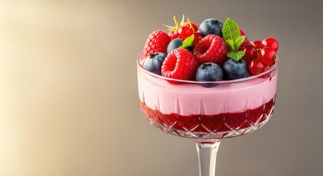 Exquisite raspberry mousse layered with fresh berries in a cut crystal coupe glass, highlighting textures under soft golden lighting, closeup, decadent, raspberry