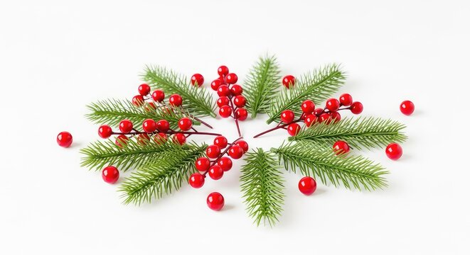 Festive holiday arrangement featuring green pine needles and vibrant red berries scattered artfully across a clean white backdrop surface, background, contrast, simple