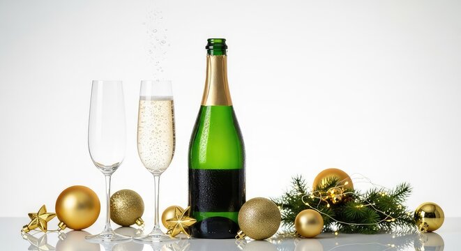 Festive holiday scene featuring a bottle of sparkling champagne, two elegant glasses, golden ornaments, and a decorated evergreen branch, eve, flute, anniversary