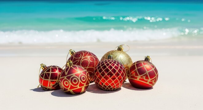 Festive red and gold Christmas ornaments rest on soft white sand as a gentle turquoise ocean wave foam approaches the tropical shoreline, white, red, Christmas