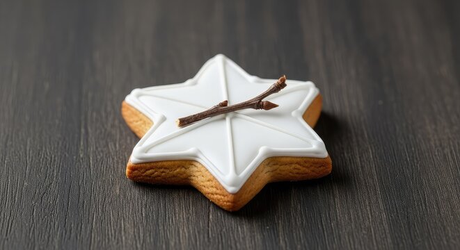 Festive star shaped cookie decorated with smooth white royal icing and a tiny natural twig accent placed on a rustic dark wooden surface, cookie, delicious, sugar