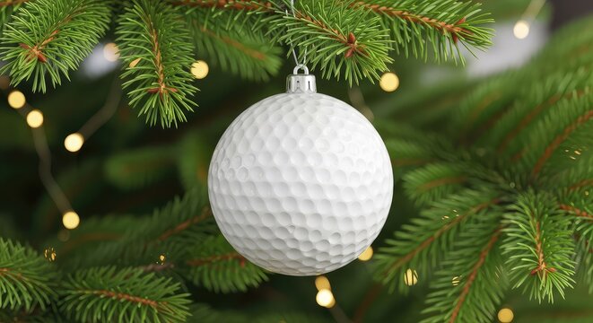 Festive white golf ball ornament with realistic dimpled texture hangs on a green spruce tree branch amidst soft twinkling golden light, celebration, spruce, christmas