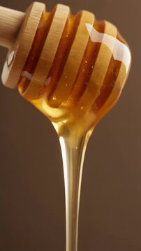 Golden Honey Dripping from a Wooden Dipper Generative AI