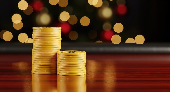 Golden casino chips stacked elegantly on a dark festive table, featuring soft glowing holiday bokeh lights for a warm winter atmosphere, background, gold, glow